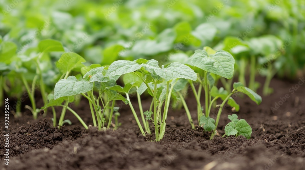 Close-up of sweet potato vines spreading across rich soil, showcasing the lush growth of an organic vegetable garden, no logos Close-up of sweet potato vines spreading across rich soil, showcasing the lush growth of an organic vegetable garden, no logos