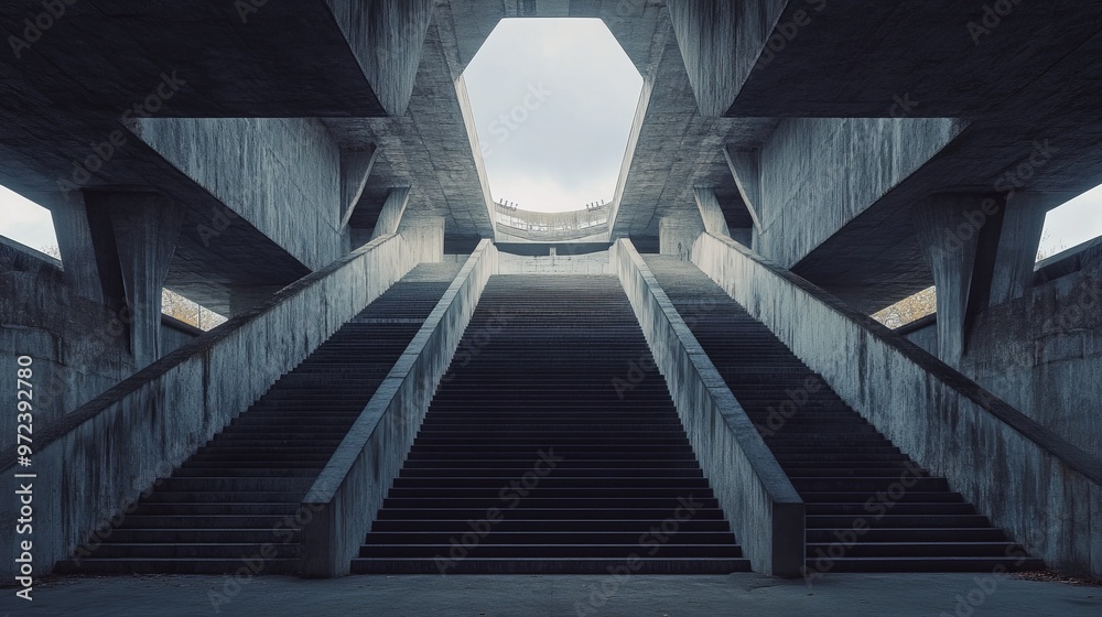 Fototapeta premium Brutalist sports arena with a rigid, angular design, heavy concrete supports, and a minimalist, industrial aesthetic. 4K hyperrealistic photo.