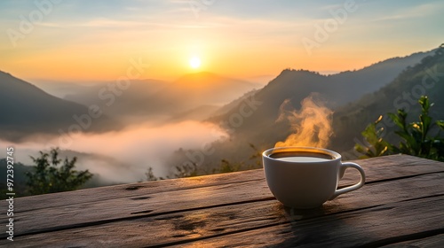 A steaming cup of coffee on a wooden table overlooking fog-covered mountains at sunrise, the golden light breaking through