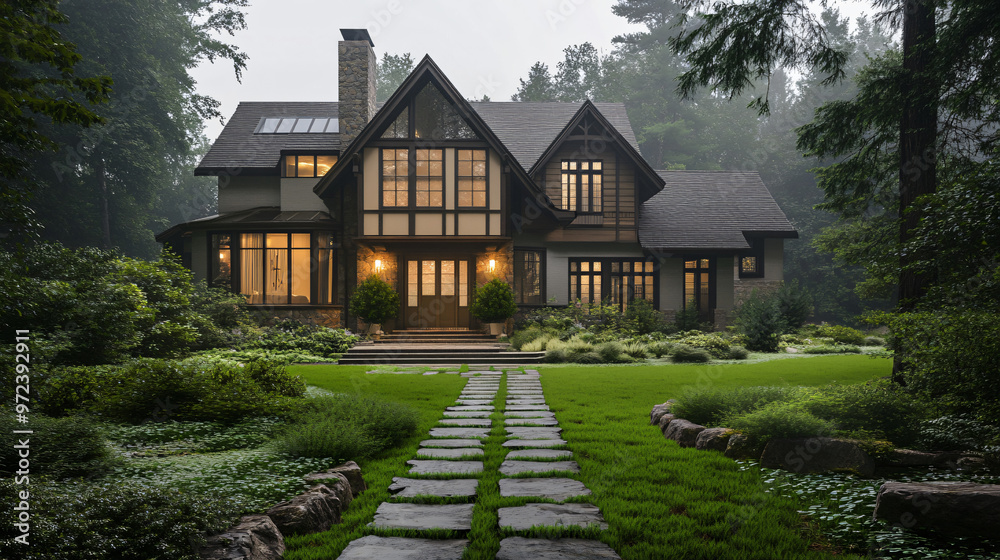 Stone path is leading to a big illuminated luxury house surrounded by a garden and a forest in the evening Stone path is leading to a big illuminated luxury house surrounded by a garden and a forest in the evening