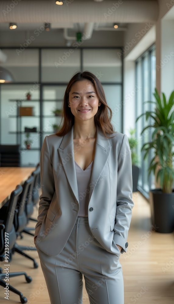 Professional Businesswoman Smiling in Modern Office Environment Professional Businesswoman Smiling in Modern Office Environment