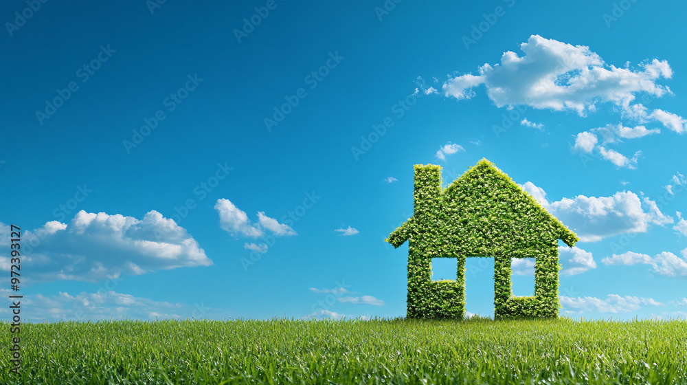 Concept for eco-friendly homes: green leaves forming a house shape in a lush field beneath a blue sky Concept for eco-friendly homes: green leaves forming a house shape in a lush field beneath a blue sky