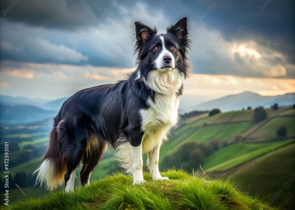 A majestic Border Collie with piercing brown eyes and a fluffy black coat stands alertly on a rolling A majestic Border Collie with piercing brown eyes and a fluffy black coat stands alertly on a rolling