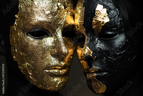 Close-up of two artistic masks, one covered in gold leaf and the other in textured black paint photo