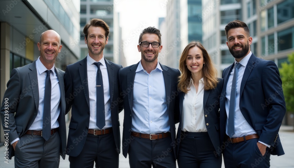 Group of Professionals Posing Outdoor in Urban Business Setting. Group of Professionals Posing Outdoor in Urban Business Setting.