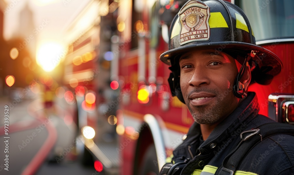 Portrait of a Firefighter Standing Beside a Fire Truck Portrait of a Firefighter Standing Beside a Fire Truck