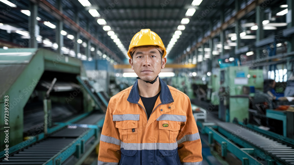 Portrait Of An Asian Male Factory Worker Wearing A Safety Helmet And Industrial Uniform In A Factory Portrait Of An Asian Male Factory Worker Wearing A Safety Helmet And Industrial Uniform In A Factory