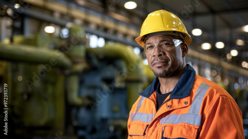 Portrait Of A Black Male Factory Worker Wearing A Safety Helmet And Industrial Uniform In A Factory, Man Worker