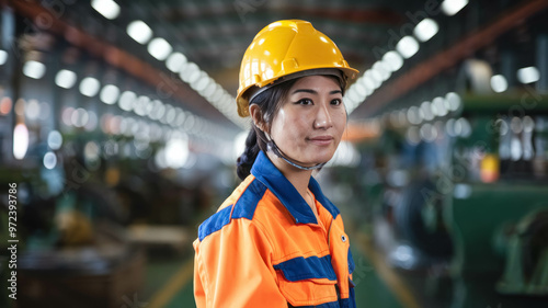 Portrait Asian Female Factory Worker Wearing A Safety Helmet And Industrial Uniform In A Factory, Woman Worker