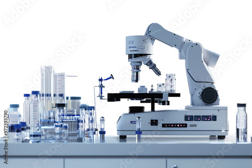 Advanced robotic machinery conducting experiments in a cutting-edge biotech lab