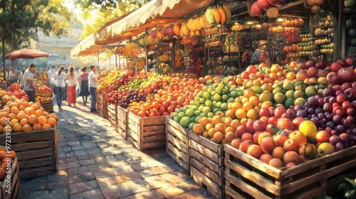 Customers browsing colorful fruit display at open air market