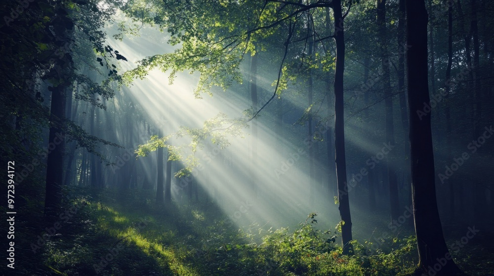 Obraz premium A misty forest with sunlight streaming through the trees, creating a mystical and hopeful atmosphere