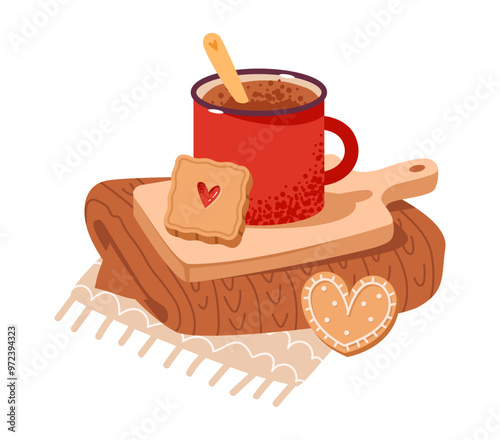 A mug of hot chocolate with gingerbread cookies on a cozy blanket. Holiday Christmas sweets.Flat vector illustration