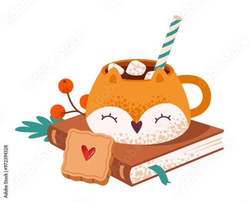 A mug of hot chocolate in the shape of a fox with marshmallows and gingerbread on a book. Festive Christmas sweets. Flat vector illustration