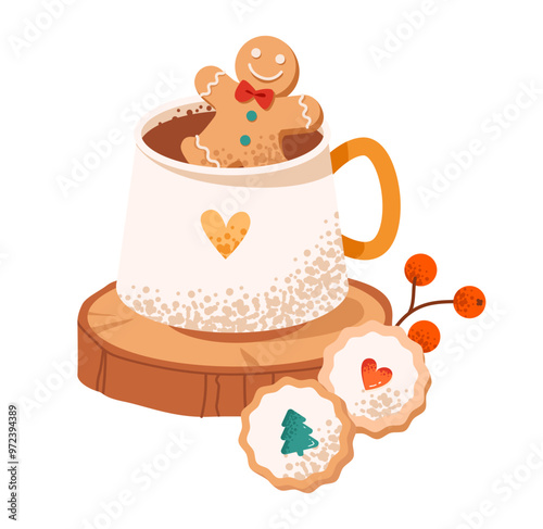Festive mug with cocoa and gingerbread man. Christmas drink. Flat vector illustration