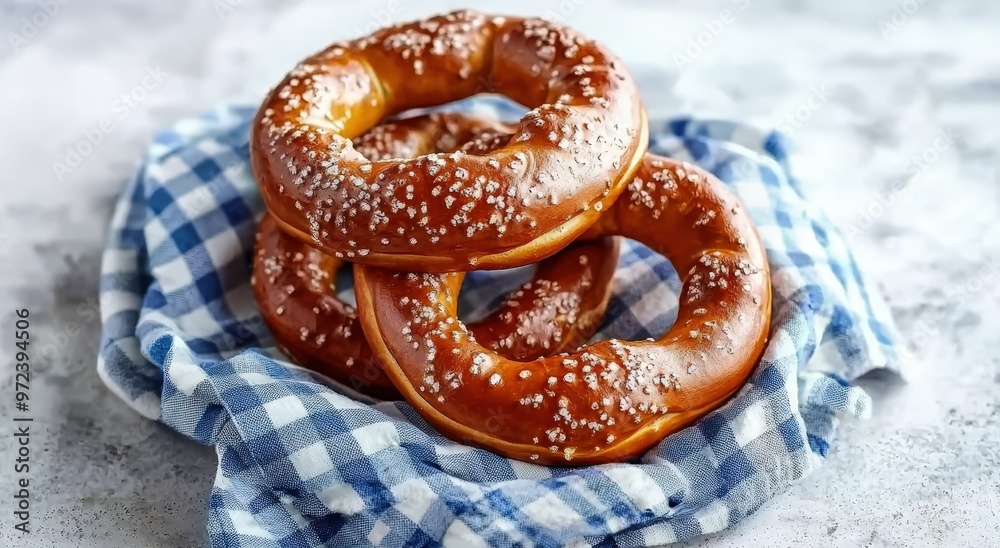A delicious stack of three soft pretzels with coarse salt on a blue checked cloth. A delicious stack of three soft pretzels with coarse salt on a blue checked cloth.