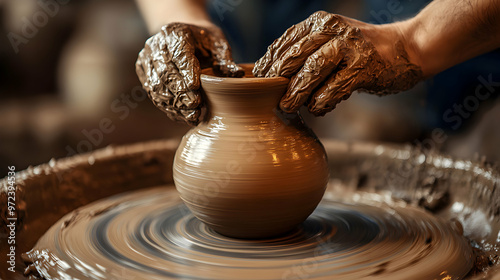 A potterâ€™s hands shaping a clay vase on a spinning wheel, with visible texture and detail in the clay, surrounded by a studio setting