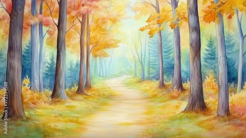 A painting of a path in the woods with trees, AI