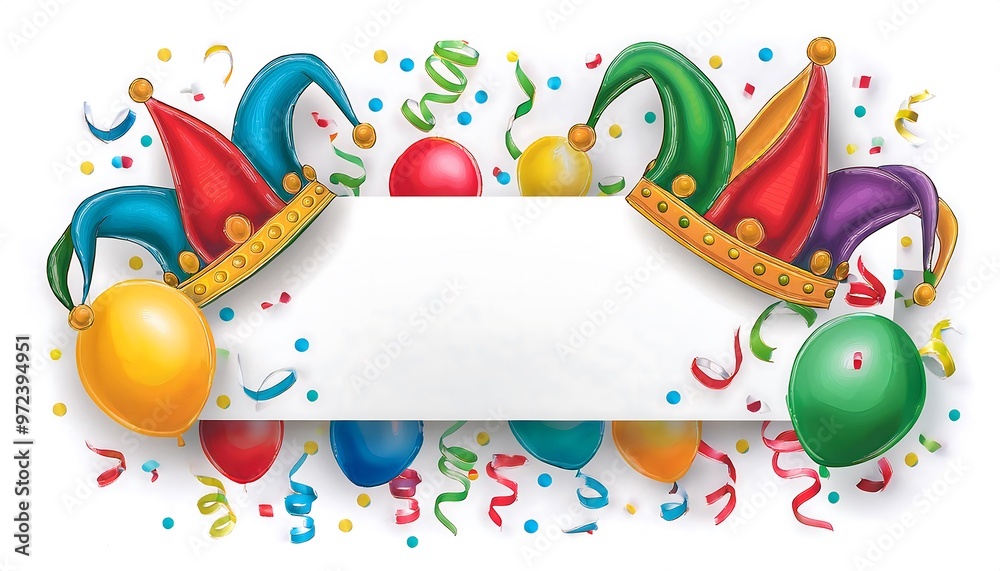 Naklejka premium Papier Banner mit Narrenkappe, Konfetti und Luftballons Transparent