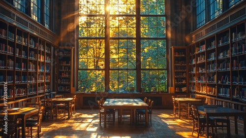 Quiet library with morning sunlight through windows, Monday morning, peaceful and studious photo