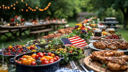 A vibrant outdoor feast featuring diverse dishes and an American flag centerpiece.