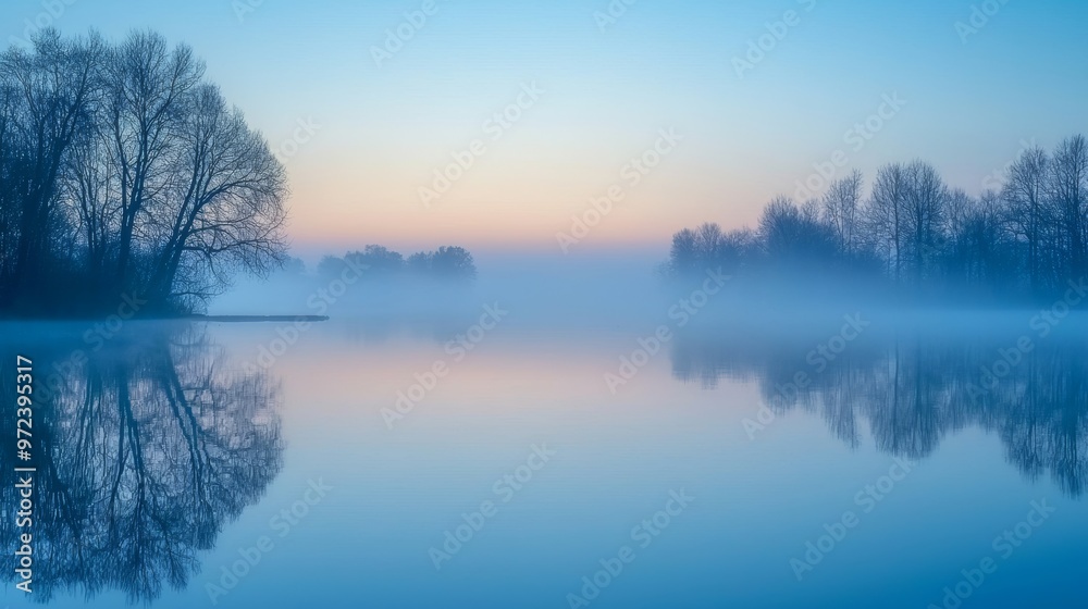 Fototapeta premium Serene Dawn over a Fog Covered Lake Generative AI