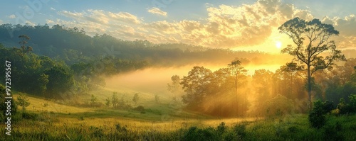 Scenic countryside with mist and sunrise, Monday morning, calm and refreshing photo