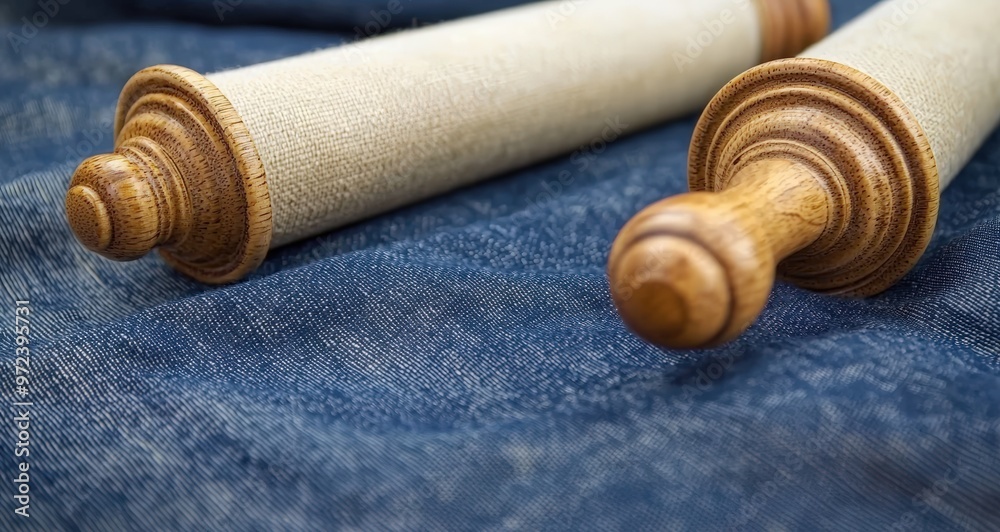 Two wooden rolling pins on a denim cloth, showcasing craftsmanship and texture. Two wooden rolling pins on a denim cloth, showcasing craftsmanship and texture.