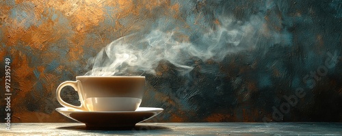 First sip of coffee with steam rising, Monday morning, invigorating start photo