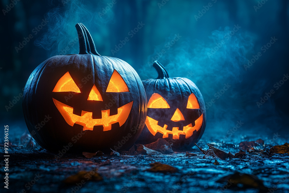 Naklejka premium Two carved pumpkins sit on the ground in the dark. Their eerie, glowing faces cast a spooky light, enhancing the haunting atmosphere of a Halloween night.