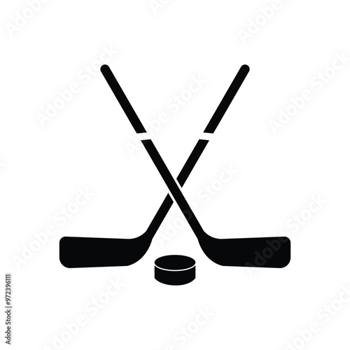 Hockey sticks with puck sign for sport design. Ice Hockey icon, Hockey sticks, used in ice hockey games. cues with puck isolated on white background. 