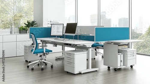 Modern Workplace Featuring Ergonomic Furniture and Safety Signage.