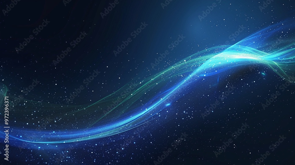 Fototapeta premium Captivating abstract wave design in luminous blue tones, evoking a sense of motion and depth against a dark cosmic background. Product presentation background.