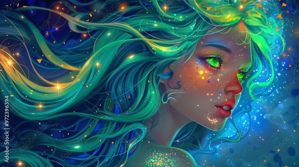 Enchanting Mermaid with Colorful Scales and Glowing Stars in Hair