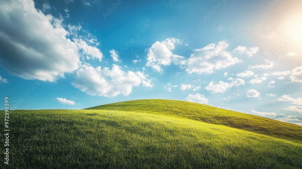 A rolling green hillside under a bright sky with scattered clouds, symbolizing freedom and open possibilities A rolling green hillside under a bright sky with scattered clouds, symbolizing freedom and open possibilities