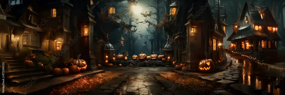 Mystical Halloween village at night with glowing jack-o'-lanterns, eerie lights, and foggy atmosphere for video banner Mystical Halloween village at night with glowing jack-o'-lanterns, eerie lights, and foggy atmosphere for video banner