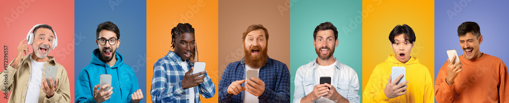 A lively gathering features a group of diverse individuals, expressing excitement while using their mobile devices. The colorful backdrop enhances the joyful atmosphere and camaraderie. A lively gathering features a group of diverse individuals, expressing excitement while using their mobile devices. The colorful backdrop enhances the joyful atmosphere and camaraderie.