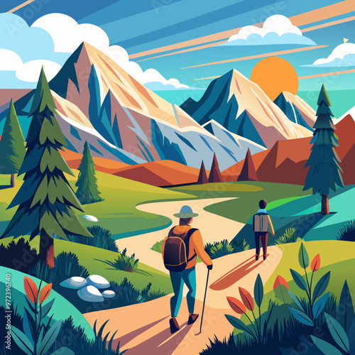 vector illustration of hiking climbing in mountain