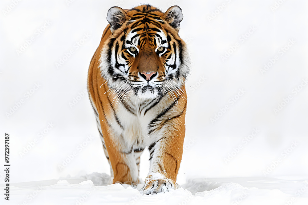 Obraz premium tiger walking in snow powerful big cat in winter wilderness wildlife nature photography predator hunting closeup fierce wild animal isolated cold Siberian tiger image