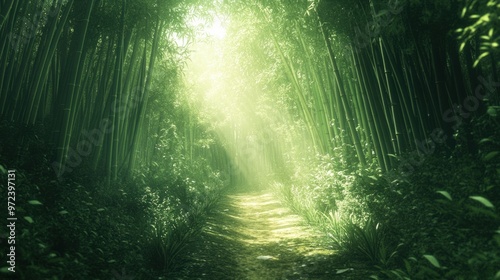 A simple image of a path through a dense bamboo forest, with light filtering through the tall, green stalks