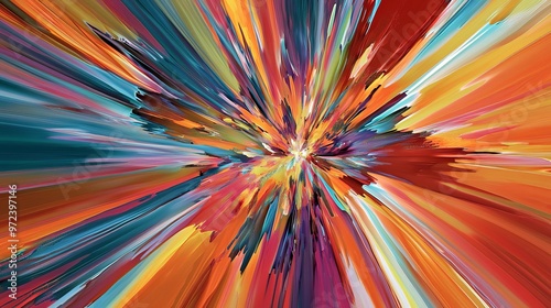 A burst of radial lines emanating from a central point, creating a sense of energy and motion in an abstract style. Background