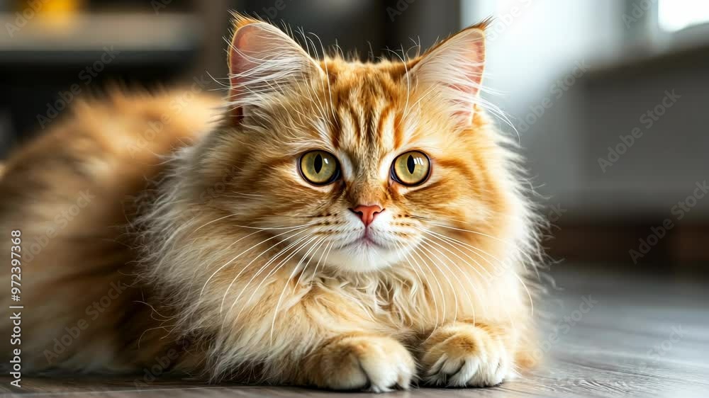 Fluffy orange cat lounging by the window in a cozy home setting during the afternoon Fluffy orange cat lounging by the window in a cozy home setting during the afternoon