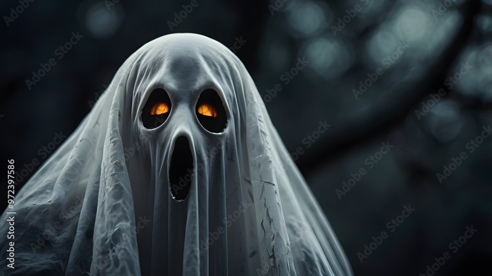Mysterious Ghost Glowing Moonlit Forest Scary Seasonal Halloween Scene Mysterious Ghost Glowing Moonlit Forest Scary Seasonal Halloween Scene