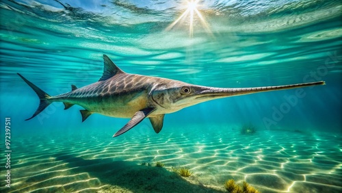 A majestic paddlefish swims in clear turquoise water, its long snout and primitive scales illuminated by sunlight photo