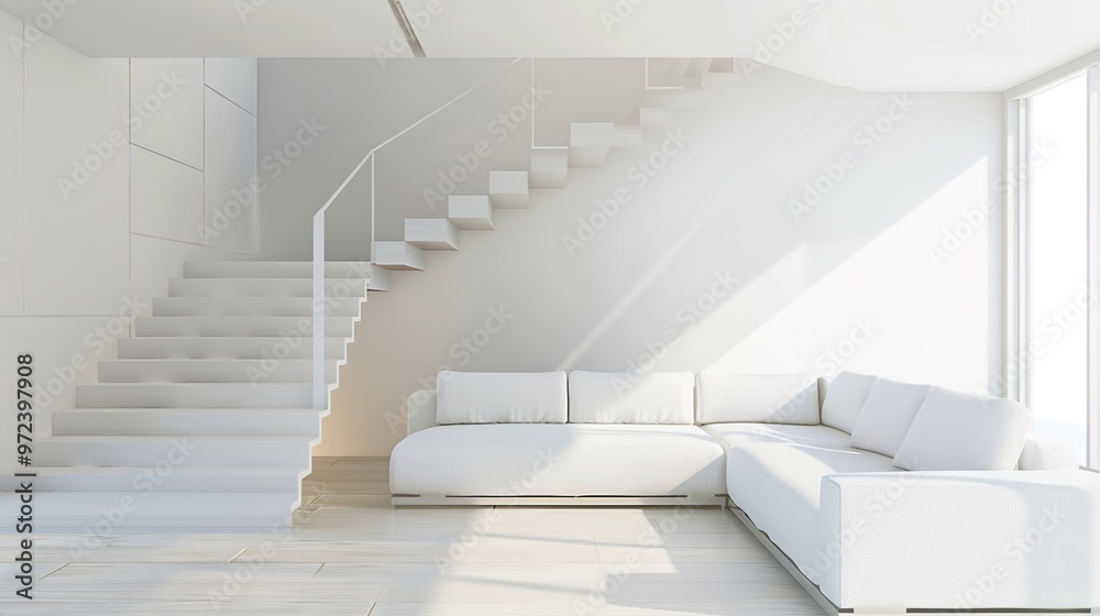 Obraz premium Cute grey sofa in room with staircase. Scandinavian home i nterior design of modern living room.