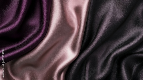 Flowing luxurious fabric in shades of purple, pink, and black creates a smooth and elegant background, perfect for fashion or wedding designs