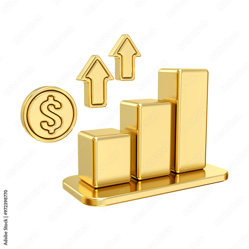 Golden Growth,gleaming gold bar graph ascends steadily, dollar coin nearby, symbolizing financial success and upward trajectory, 3d rendering