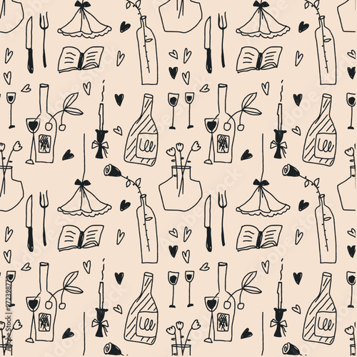 Seamless pattern of romantic theme: wine, flowers, hearts, book. Template for Notebook covers, pattern for wallpapers, textile, wrapping paper. Childish naive design, doodle vector art
