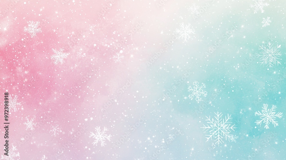 Fototapeta premium Magical winter wonderland with delicate snowflakes falling against a dreamy pink and blue sky, perfect for the holiday season