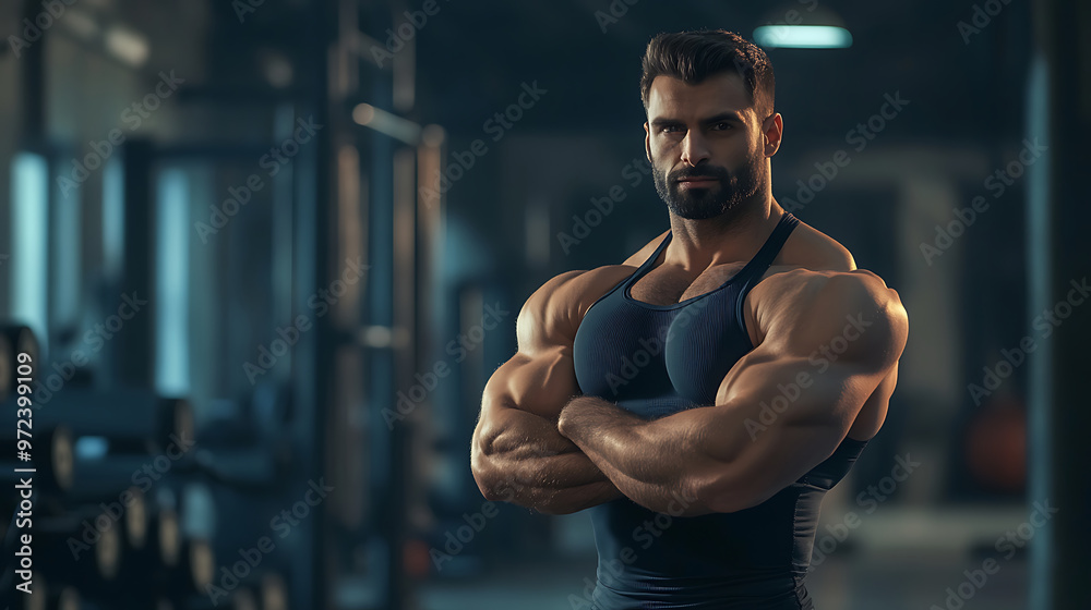 Fototapeta premium Muscular man stands with his arms crossed in a gym in the background, blurred